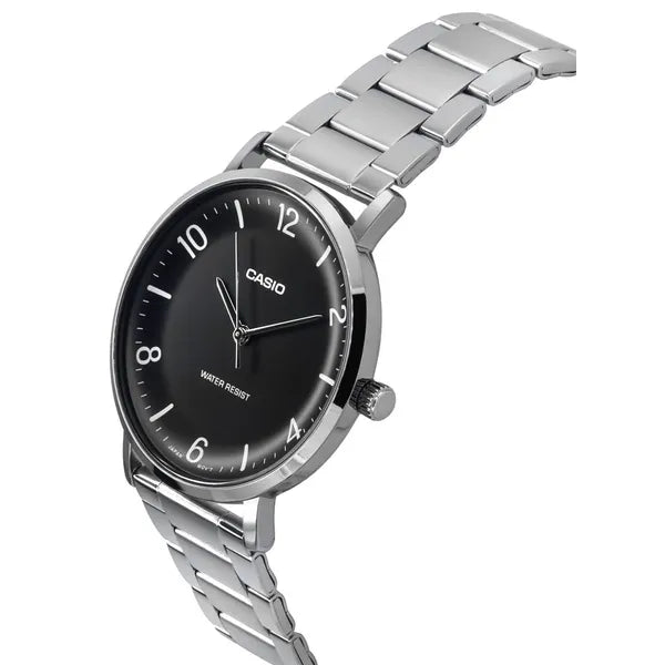 Casio MTP-VT03D-1B férfi kvarc karóra, acél szíj, fekete számlap, 40 mm, WR30