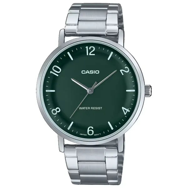 Casio MTP-VT03D-3B férfi karóra, zöld számlap, acél szíj, 40 mm, WR30