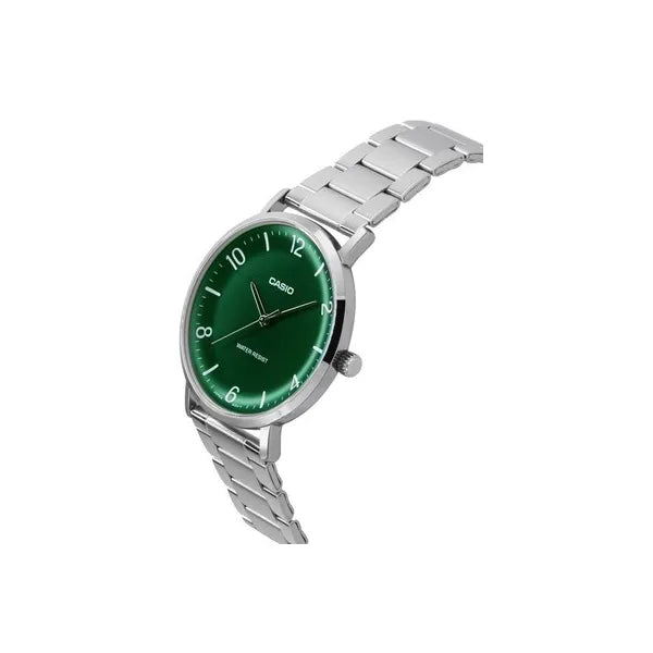 Casio MTP-VT03D-3B férfi karóra, zöld számlap, acél szíj, 40 mm, WR30