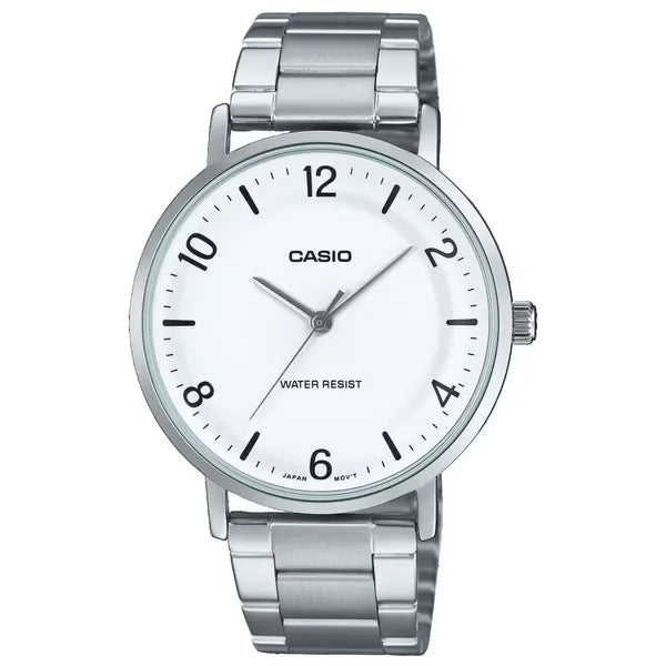 Casio MTP-VT03D-7B férfi karóra, 40 mm, acél szíj, fehér számlap, WR30