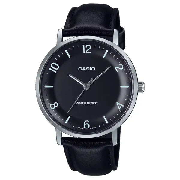 Casio MTP-VT03L-1B férfi karóra, fekete számlap, bőr szíj, 40 mm, 3 ATM