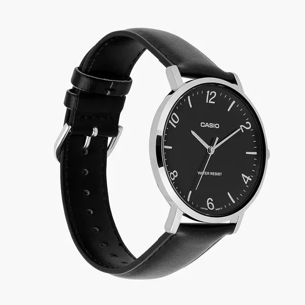Casio MTP-VT03L-1B férfi karóra, fekete számlap, bőr szíj, 40 mm, 3 ATM