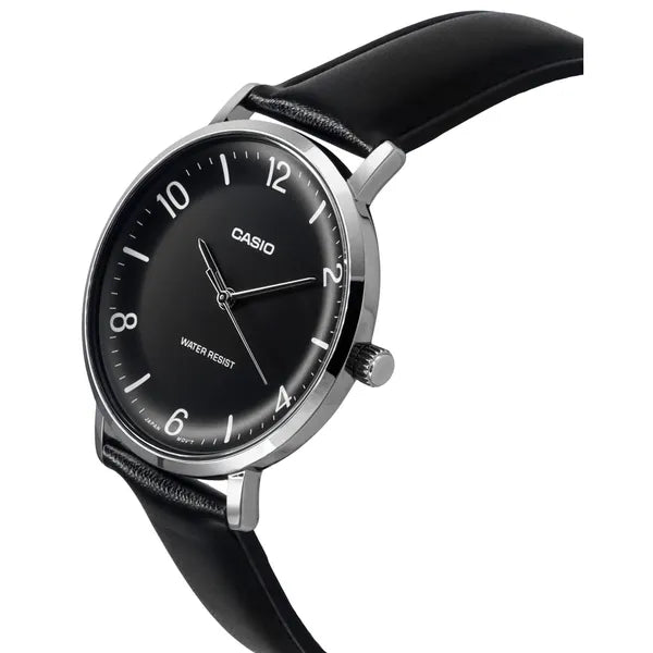 Casio MTP-VT03L-1B férfi karóra, fekete számlap, bőr szíj, 40 mm, 3 ATM