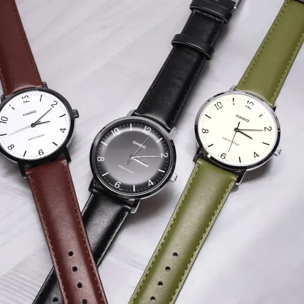 Casio MTP-VT03L-7B férfi karóra, 40 mm, zöld bőrszíj, bézs számlap, WR30