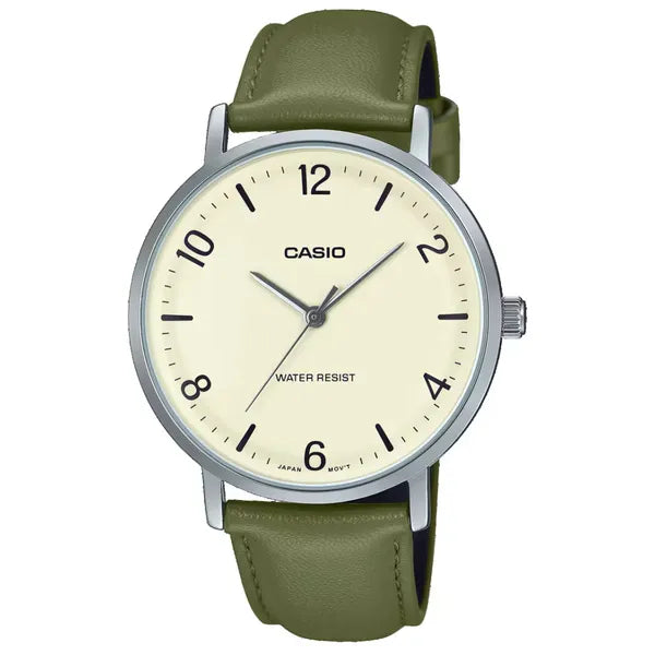 Casio MTP-VT03L-7B férfi karóra, 40 mm, zöld bőrszíj, bézs számlap, WR30