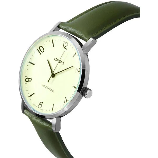 Casio MTP-VT03L-7B férfi karóra, 40 mm, zöld bőrszíj, bézs számlap, WR30