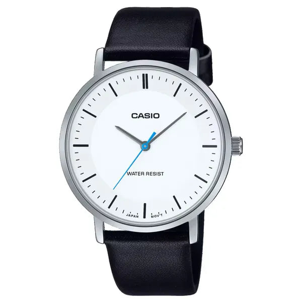 Casio MTP-VT04L-7E férfi karóra, bőr szíj, fehér számlap, WR30