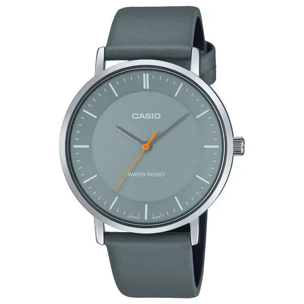 Casio MTP-VT04L-8E férfi karóra, 40 mm, szürke számlap, bőr szíj, WR30