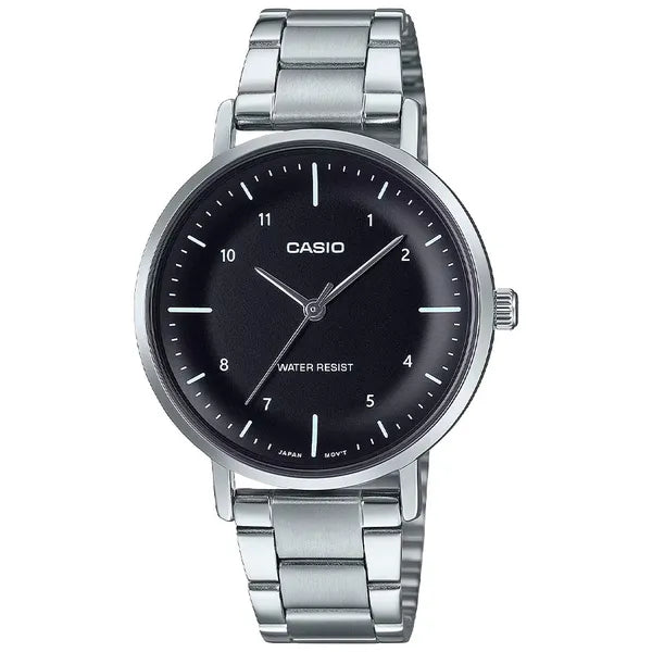 Casio LTP-VT04D-1A női karóra, fekete számlap, acél szíj, WR30, díszdobozzal