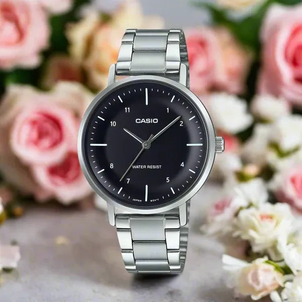Casio LTP-VT04D-1A női karóra, fekete számlap, acél szíj, WR30, díszdobozzal