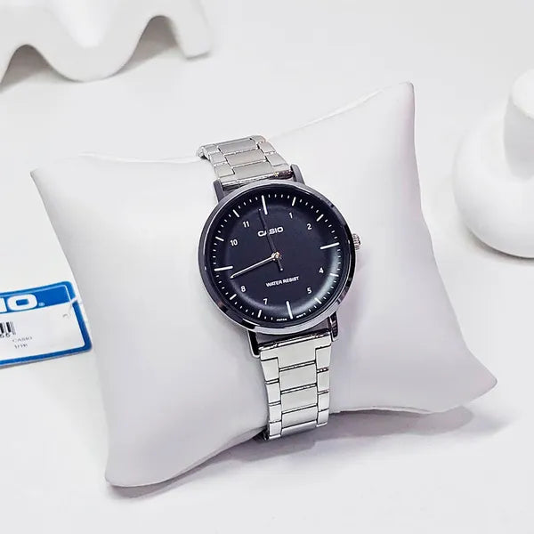 Casio LTP-VT04D-1A női karóra, fekete számlap, acél szíj, WR30, díszdobozzal