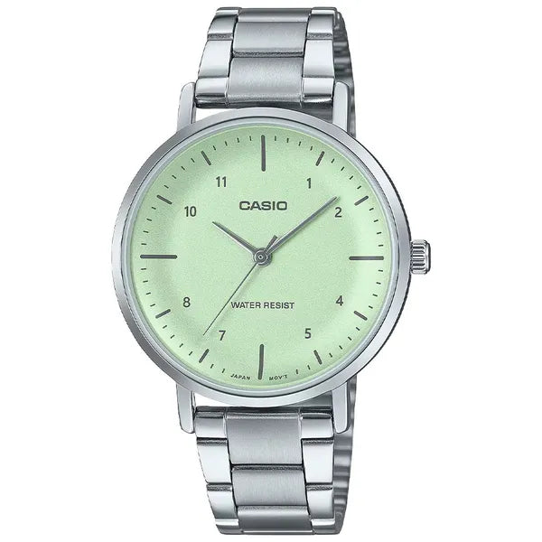 Casio LTP-VT04D-1A női karóra, ezüst acél szíj, fekete számlap, WR30