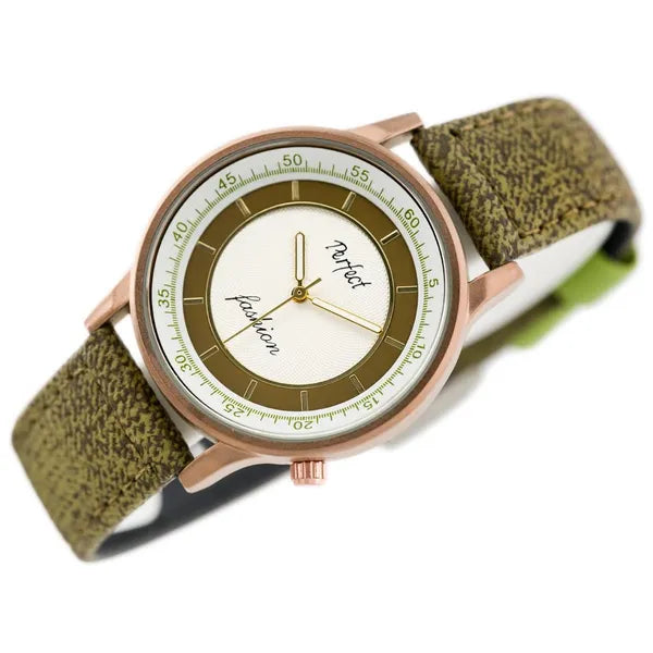 Női kvarc karóra, ezüst számlap 34 mm, olívazöld textilszíj, WR30