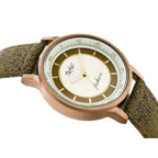 Női kvarc karóra, ezüst számlap 34 mm, olívazöld textilszíj, WR30