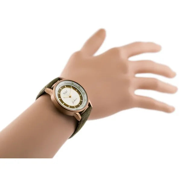Női kvarc karóra, ezüst számlap 34 mm, olívazöld textilszíj, WR30