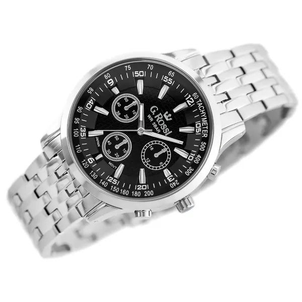 Férfi karóra G. Rossi Beagiel 42 mm, fekete számlap, ezüst fém szíj díszdobozzal