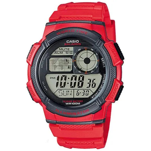 Casio AE-1000W-4AV férfi digitális óra, WR100, világidő, piros