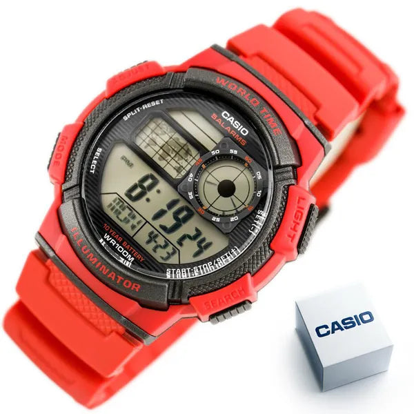 Casio AE-1000W-4AV férfi digitális óra, WR100, világidő, piros