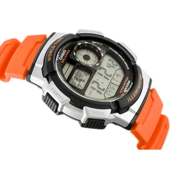Casio AE-1000W-4BV férfi digitális karóra, narancs szíj, WR100, világidő