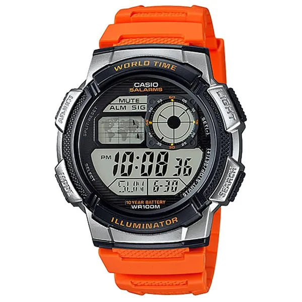 Casio AE-1000W-4BV férfi digitális karóra, narancs szíj, WR100, világidő