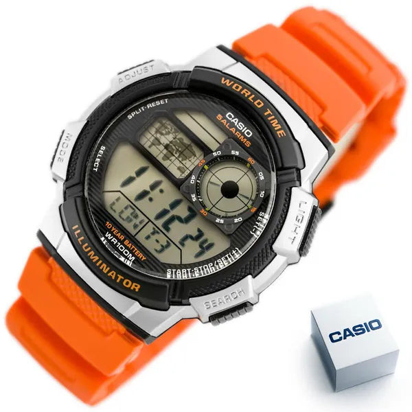Casio AE-1000W-4BV férfi digitális karóra, narancs szíj, WR100, világidő