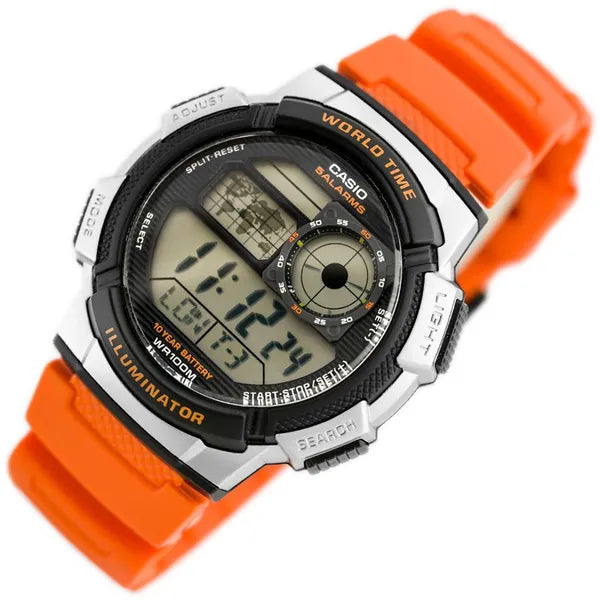 Casio AE-1000W-4BV férfi digitális karóra, narancs szíj, WR100, világidő