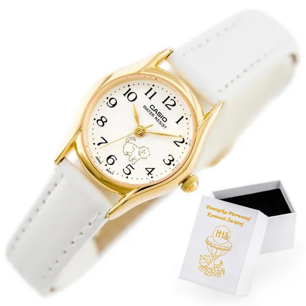 Casio LTP-1094Q-7B7 női karóra, 24 mm, arany tok, fehér bőrszíj, WR30