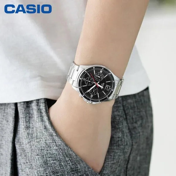 Casio férfi karóra MTP-1374D-1AV, acél szíj, fekete számlap, kronográf, WR50