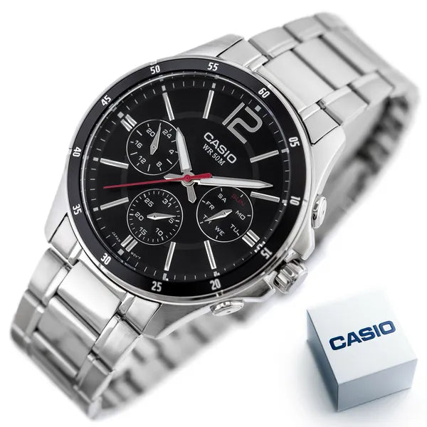 Casio férfi karóra MTP-1374D-1AV, acél szíj, fekete számlap, kronográf, WR50