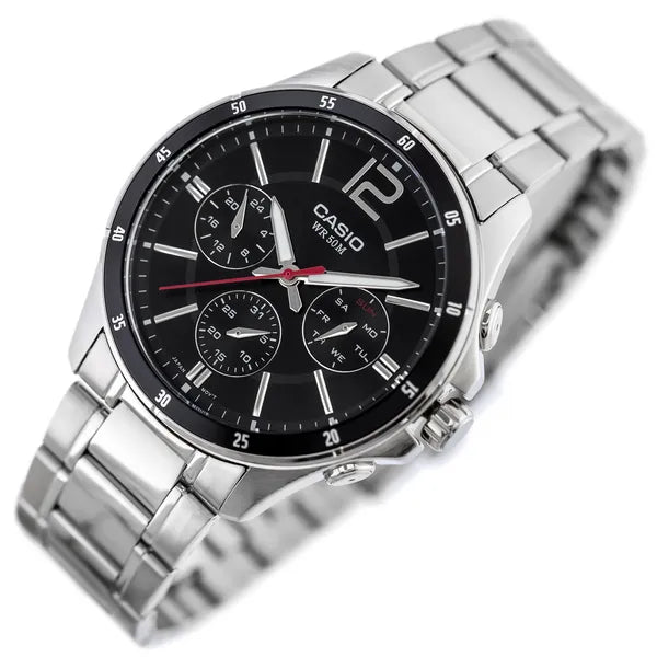 Casio férfi karóra MTP-1374D-1AV, acél szíj, fekete számlap, kronográf, WR50