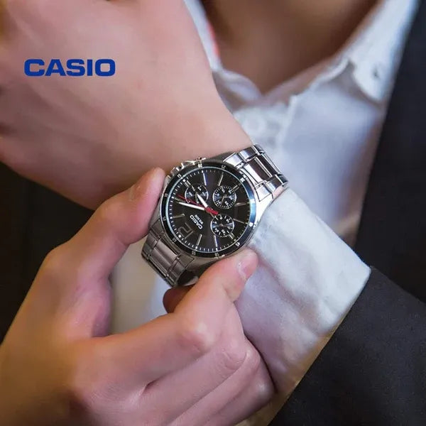 Casio férfi karóra MTP-1374D-1AV, acél szíj, fekete számlap, kronográf, WR50
