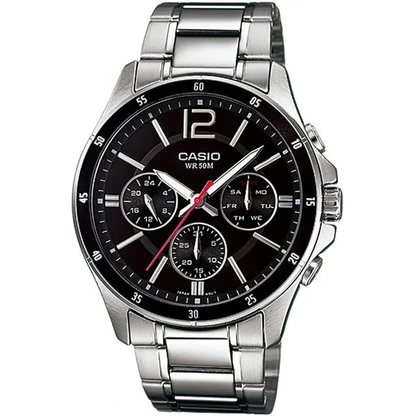 Casio férfi karóra MTP-1374D-1AV, acél szíj, fekete számlap, kronográf, WR50