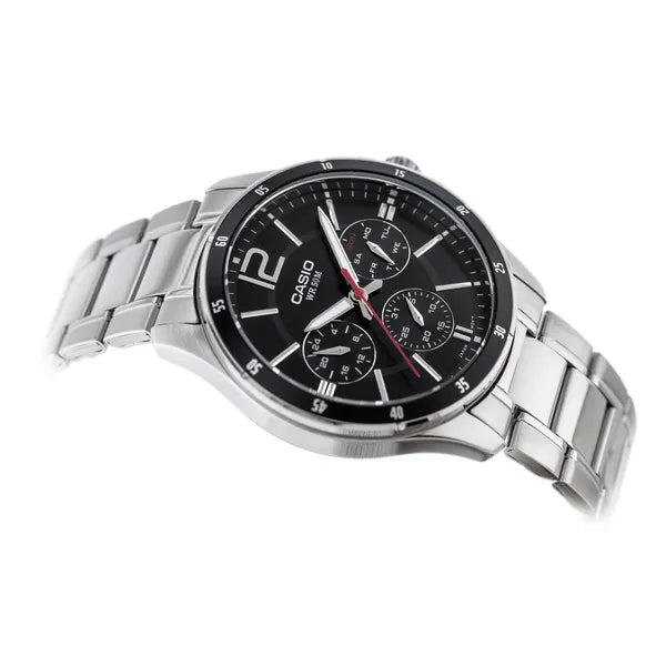 Casio férfi karóra MTP-1374D-1AV, acél szíj, fekete számlap, kronográf, WR50