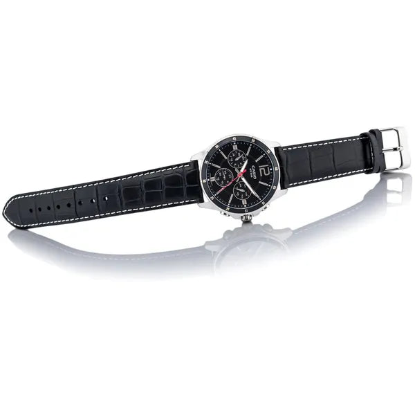 Casio férfi karóra MTP-1374L-1A, 44 mm, fekete bőr, WR50, dátum + díszdoboz