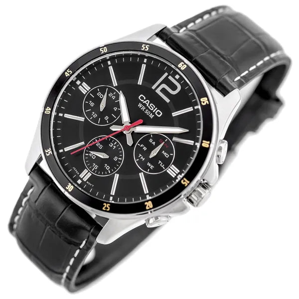 Casio férfi karóra MTP-1374L-1A, 44 mm, fekete bőr, WR50, dátum + díszdoboz