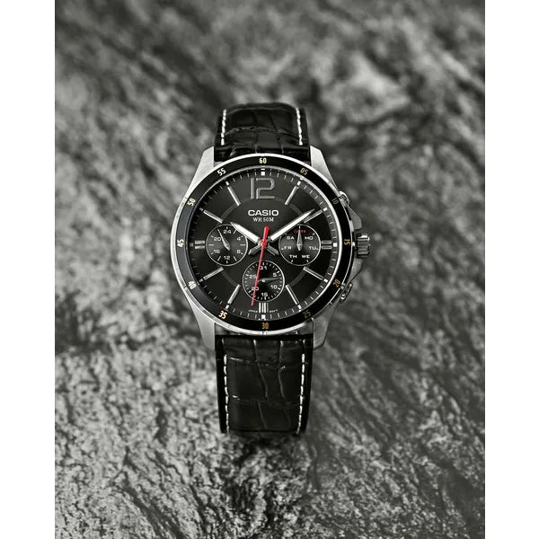 Casio férfi karóra MTP-1374L-1A, 44 mm, fekete bőr, WR50, dátum + díszdoboz