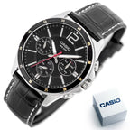 Casio férfi karóra MTP-1374L-1A, 44 mm, fekete bőr, WR50, dátum + díszdoboz