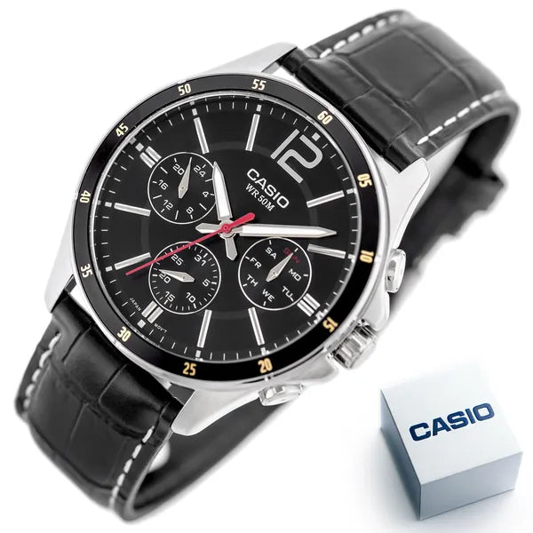 Casio férfi karóra MTP-1374L-1A, 44 mm, fekete bőr, WR50, dátum + díszdoboz
