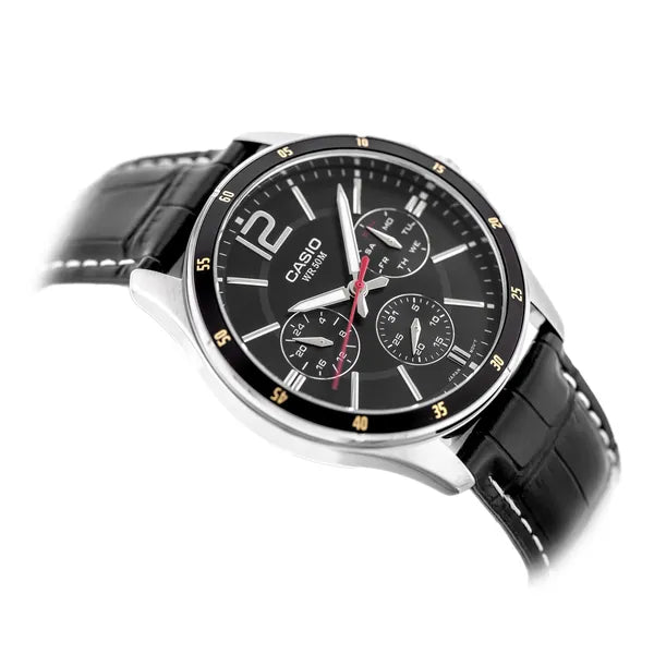 Casio férfi karóra MTP-1374L-1A, 44 mm, fekete bőr, WR50, dátum + díszdoboz