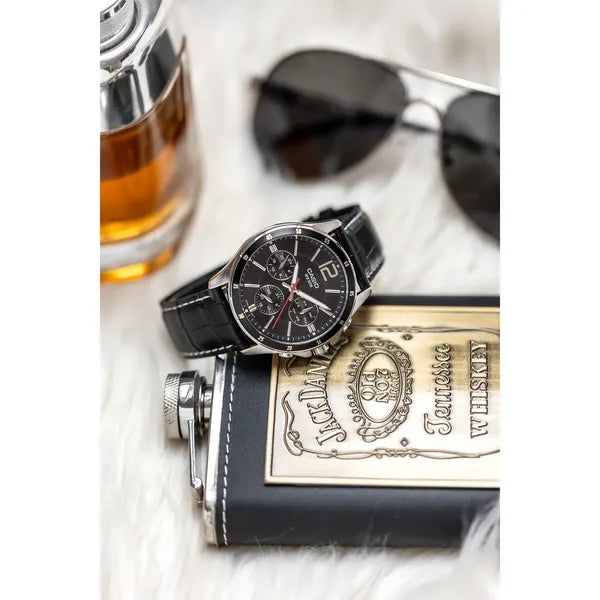 Casio férfi karóra MTP-1374L-1A, 44 mm, fekete bőr, WR50, dátum + díszdoboz