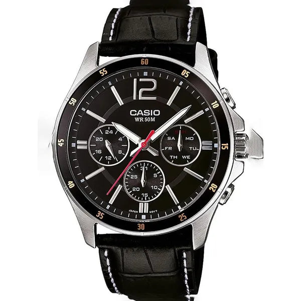 Casio férfi karóra MTP-1374L-1A, 44 mm, fekete bőr, WR50, dátum + díszdoboz