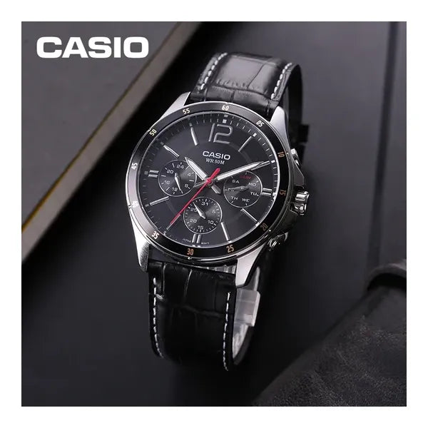 Casio férfi karóra MTP-1374L-1A, 44 mm, fekete bőr, WR50, dátum + díszdoboz