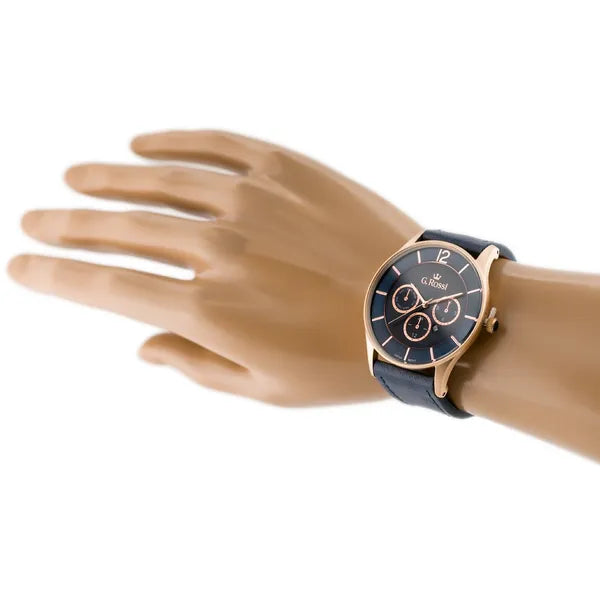 G. Rossi férfi karóra, kvarc, kék számlap, bőr szíj, 42 mm, WR30, rózsaarany