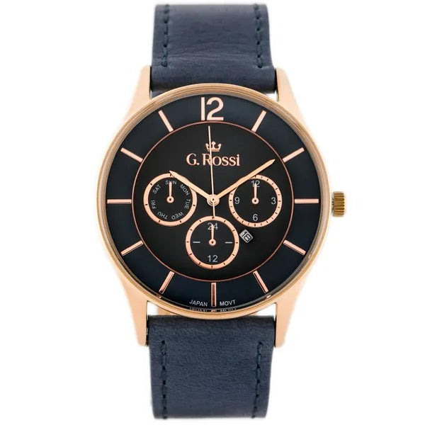 G. Rossi férfi karóra, kvarc, kék számlap, bőr szíj, 42 mm, WR30, rózsaarany