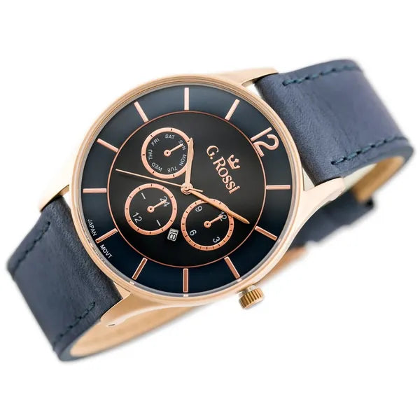 G. Rossi férfi karóra, kvarc, kék számlap, bőr szíj, 42 mm, WR30, rózsaarany