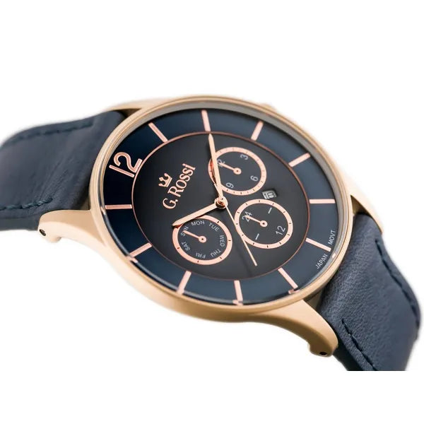 G. Rossi férfi karóra, kvarc, kék számlap, bőr szíj, 42 mm, WR30, rózsaarany