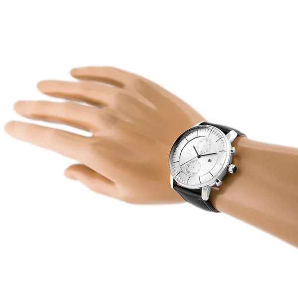 G. Rossi férfi kvarc karóra, ezüst számlap, fekete bőrszíj, dátum, WR30, 46 mm