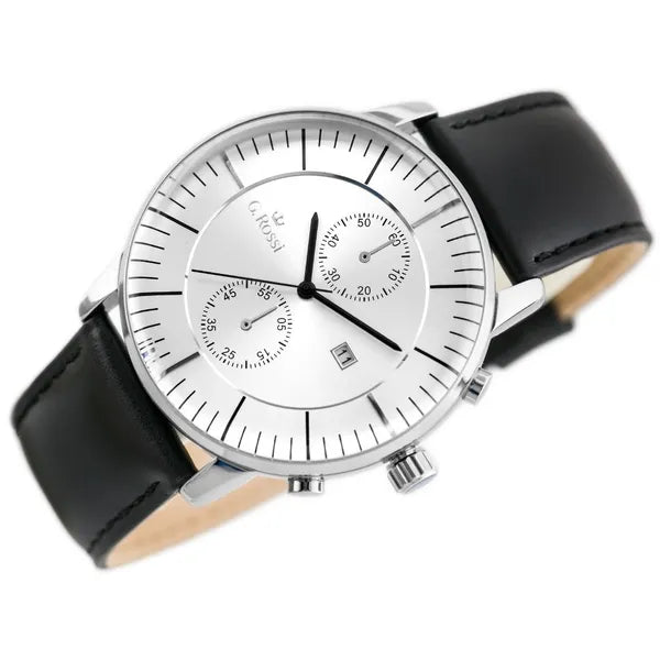 G. Rossi férfi kvarc karóra, ezüst számlap, fekete bőrszíj, dátum, WR30, 46 mm