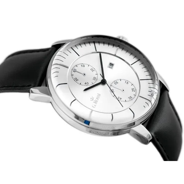 G. Rossi férfi kvarc karóra, ezüst számlap, fekete bőrszíj, dátum, WR30, 46 mm