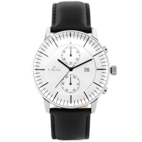 G. Rossi férfi kvarc karóra, ezüst számlap, fekete bőrszíj, dátum, WR30, 46 mm